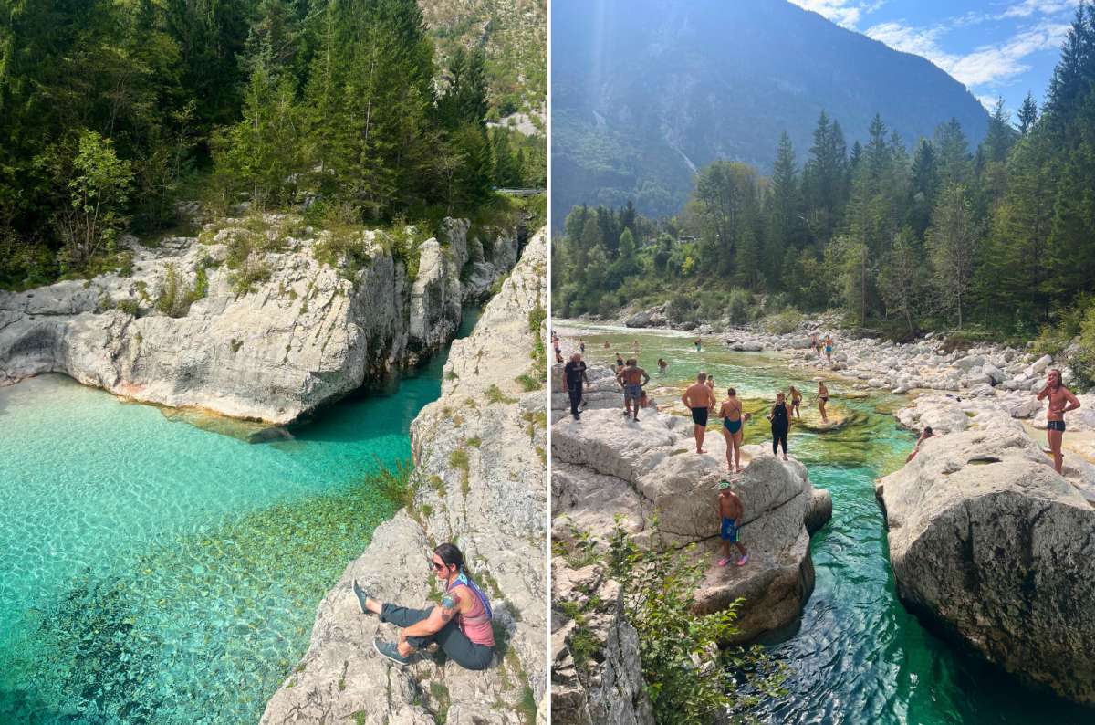 photo of a tourist sitting above a turquoise pool and crowds of people  in the river, Great Soča Gorge, Slovenia, photo by Next Level of Travel