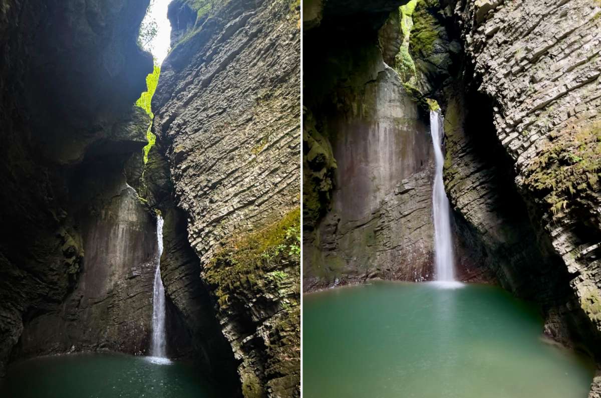 photo of Kozjak Waterfall in its narrow rock gorge on the left and a closer view of the waterfall and its green pool on the right, near Kobarid, Slovenia, photo by Next Level of Travel