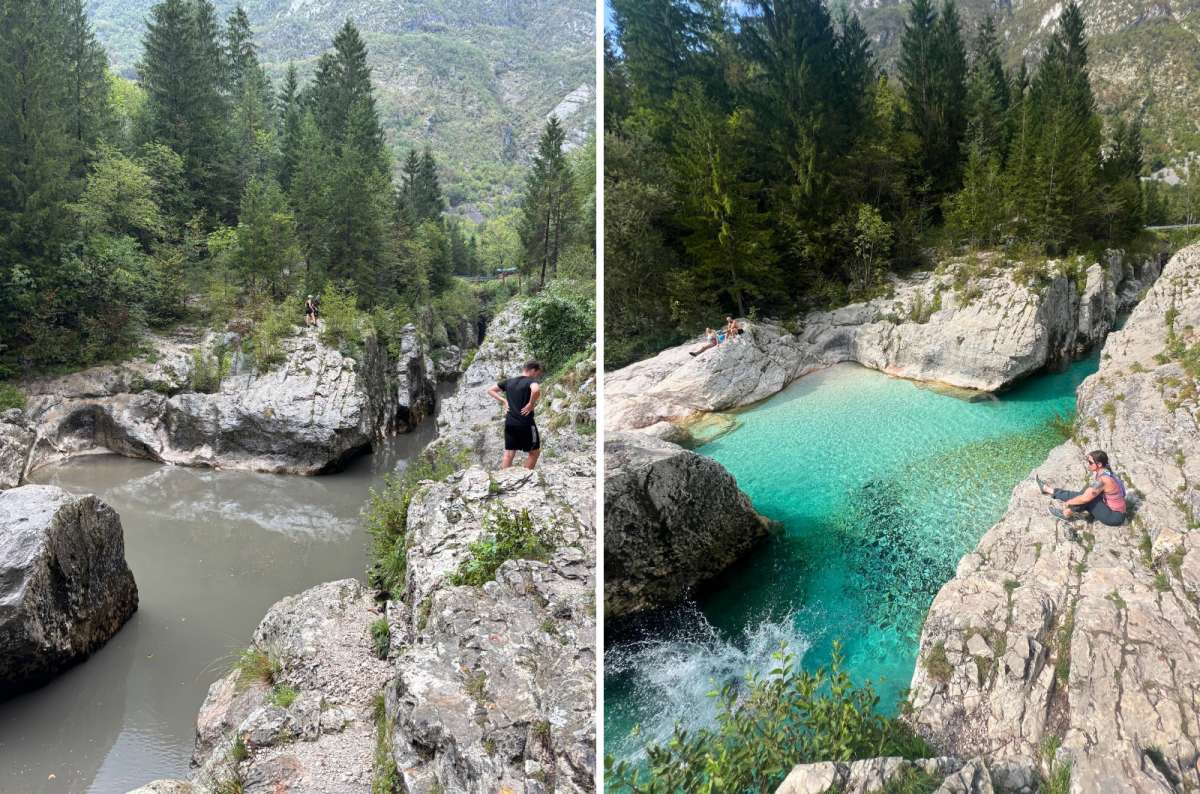 photo of the muddy Soča after a storm on the left and the turquoise Soča on the right, Great Soča Gorge, Slovenia, photo by Next Level of Travel