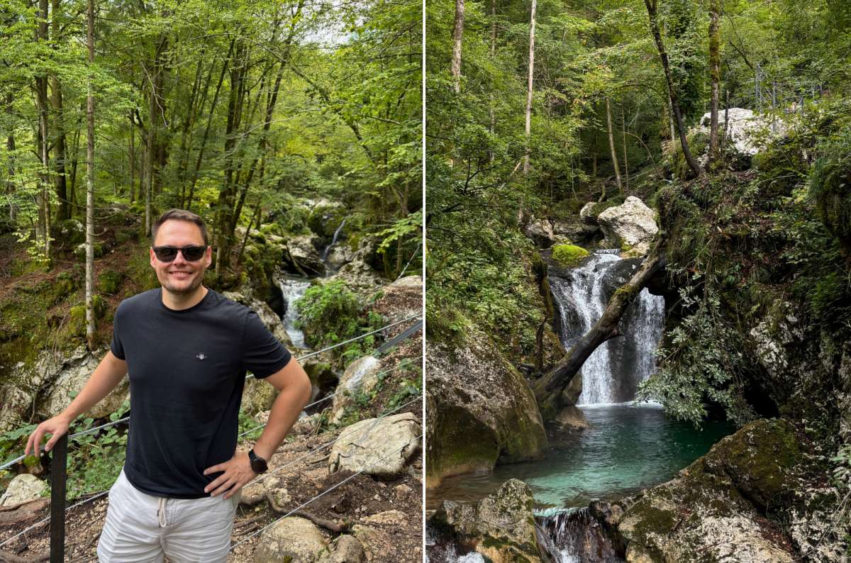 Two-panel photo of Šunik Water Grove in Lepena Valley, Slovenia: the author standing beside the stream on the left and a small waterfall flowing into a pool on the right, photo by Next Level of Travel
