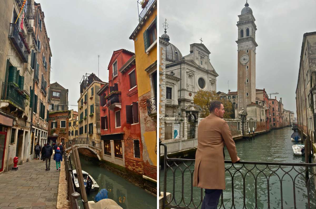 photo of a canal-side street and a tourist on a bridge in front of San Giorgio dei Greci and its leaning bell tower on the right, Venice, Italy, photo by Next Level of Trave