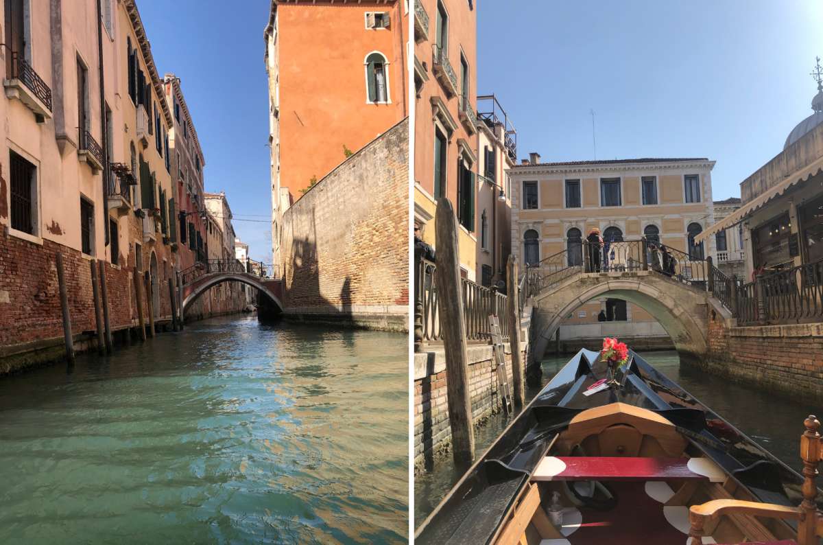 photo of a narrow canal with a small bridge on the left and the view from a gondola gliding toward a stone bridge on the right, Venice, Italy, photo by Next Level of Travel