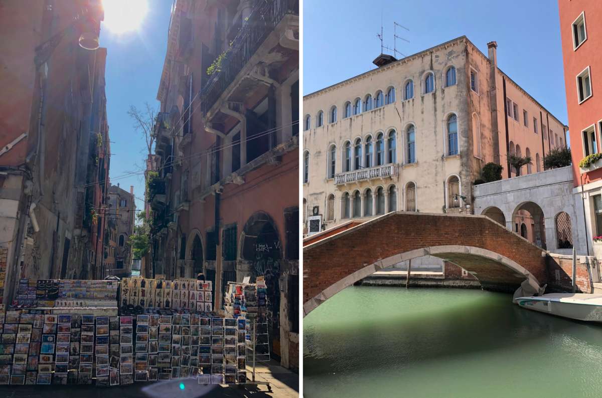 photo of a postcard stand in a narrow street with peeling facades on the left and a brick bridge over a quiet canal on the right, Venice, Italy, photo by Next Level of Travel