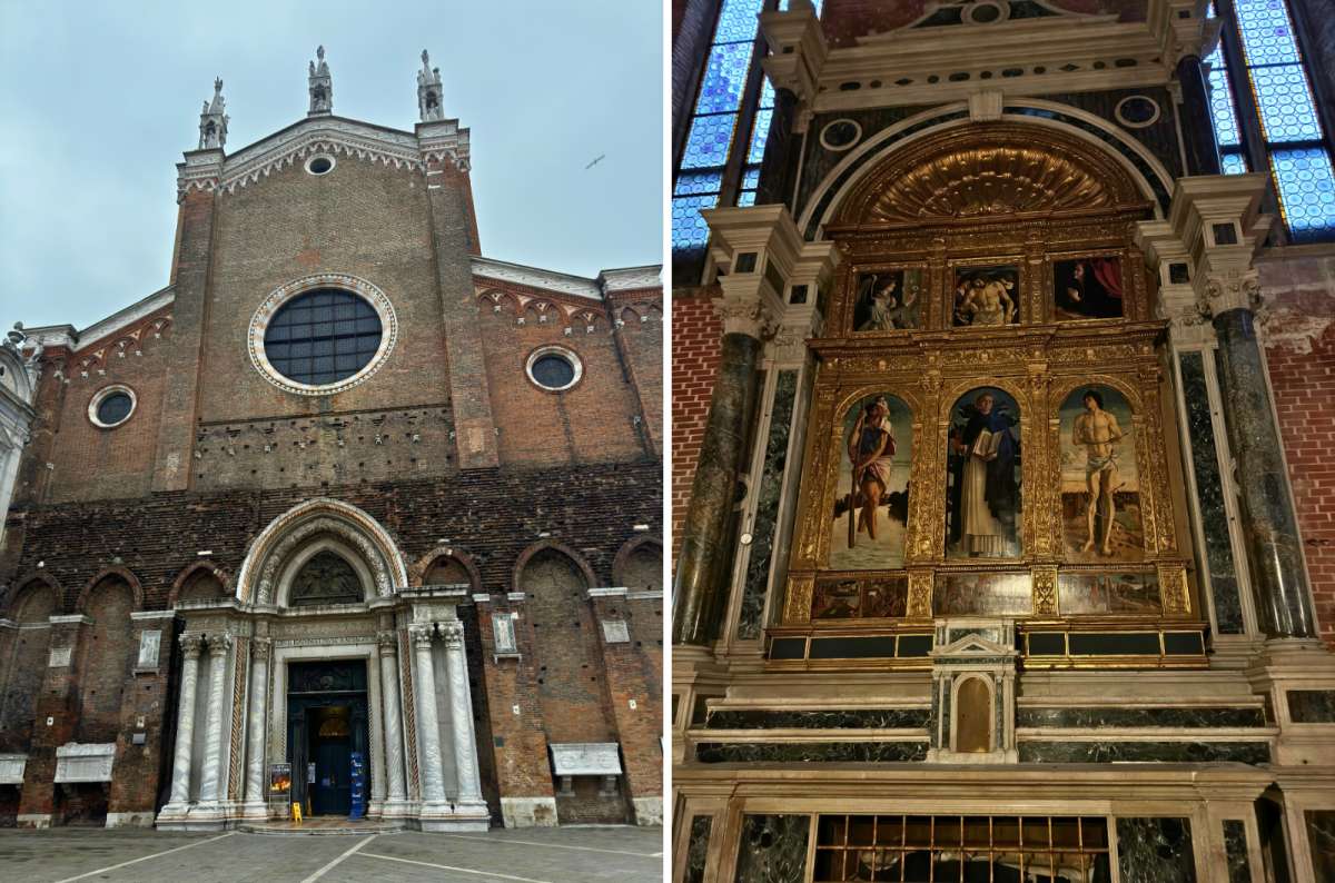 photo of the brick facade of the Basilica dei Santi Giovanni e Paolo on the left and Giovanni Bellini’s St. Vincent Ferrer Polyptych inside on the right, Venice, Italy, photo by Next Level of Travel