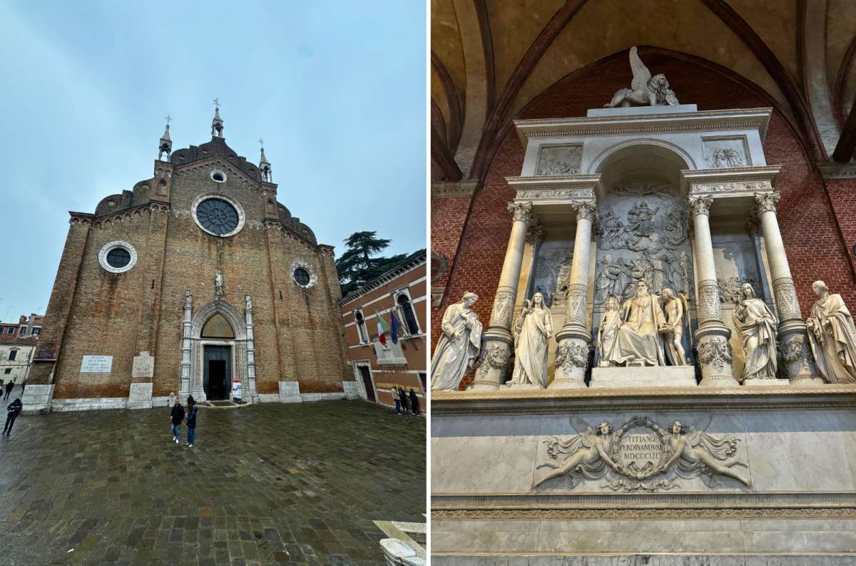 photo of the brick facade of the Basilica di Santa Maria Gloriosa dei Frari on the left and the marble monument to Titian inside on the right, Venice, Italy, photo by Next Level of Travel