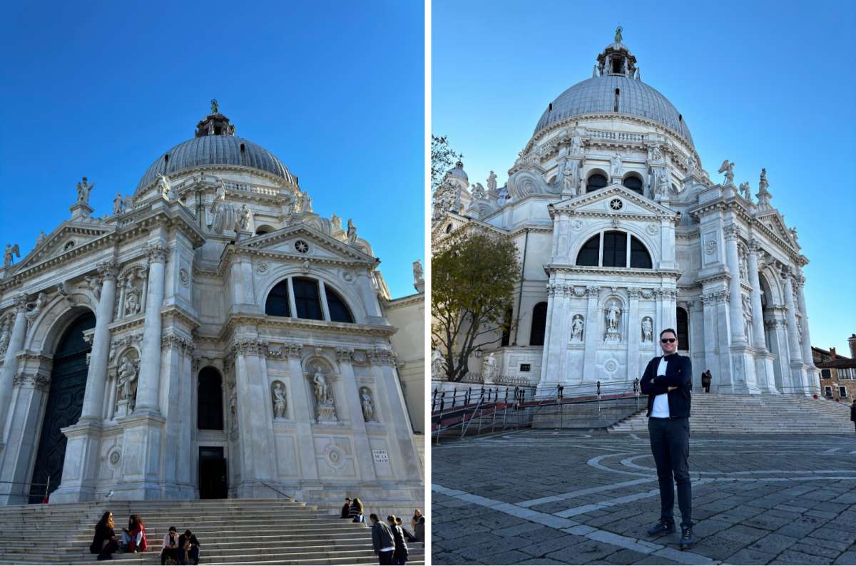 photo of the facade and dome of Santa Maria della Salute on the left and a tourist in front of the basilica on the right, Dorsoduro, Venice, Italy, photo by Next Level of Travel