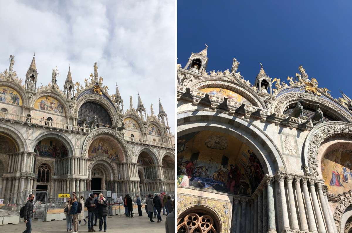photo of the facade of St. Mark’s Basilica on Piazza San Marco on the left and its golden mosaics and bronze horses on the right, Venice, Italy, photo by Next Level of Travel