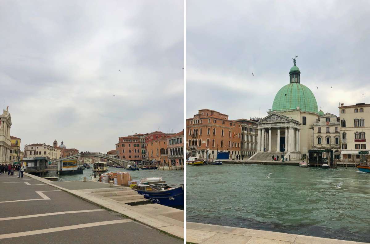 photo of the Grand Canal with the Scalzi Bridge and a vaporetto stop and the green-domed church of San Simeon Piccolo, photo by Next level of Travel