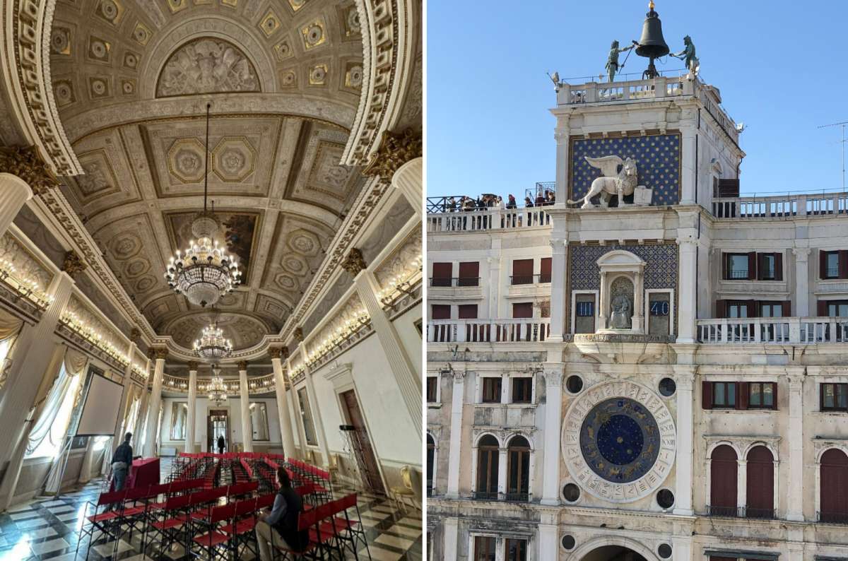 photo of the Neoclassical ballroom in Museo Correr on the left and St. Mark’s Clock Tower with its bronze Moors and zodiac clock face on the right, Venice, Italy, photo by Next Level of Travel