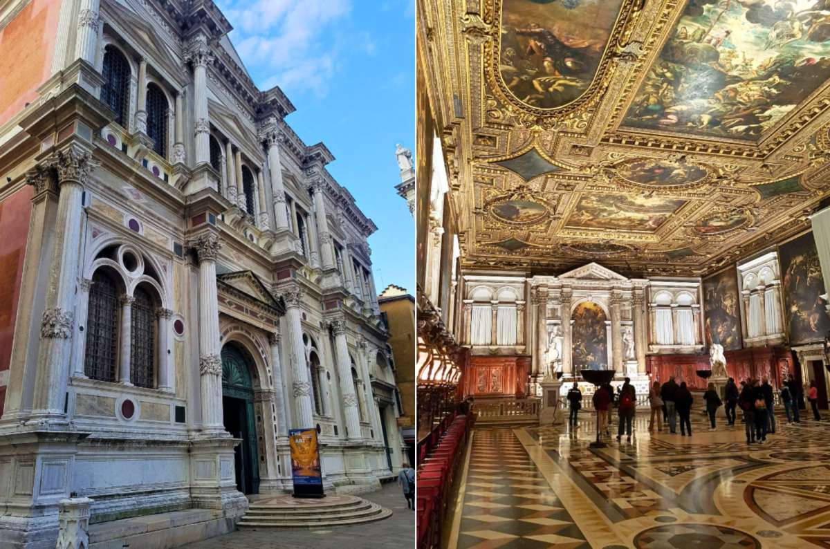 photo of the Renaissance facade of the Scuola Grande di San Rocco on the left and Tintoretto’s painted ceiling in its upper hall on the right, Venice, Italy