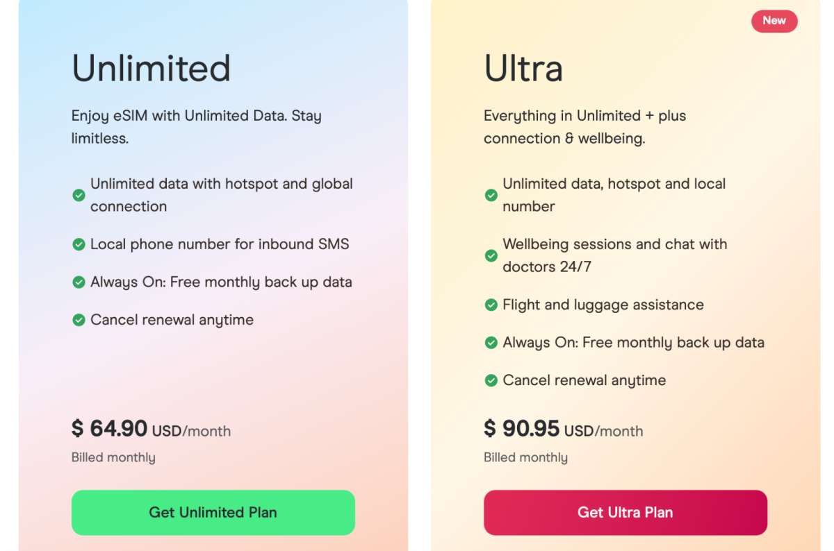 a photo of the Holafly Unlimited and Ultra monthly plans, comparing the two different plans