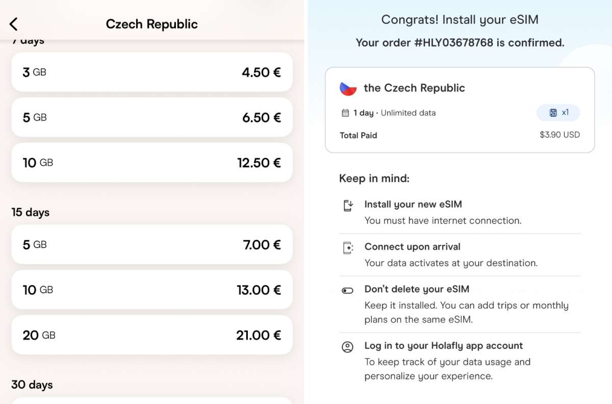 collage of Airalo Czech Republic data plans on the left and a Holafly 1-day unlimited order on the right