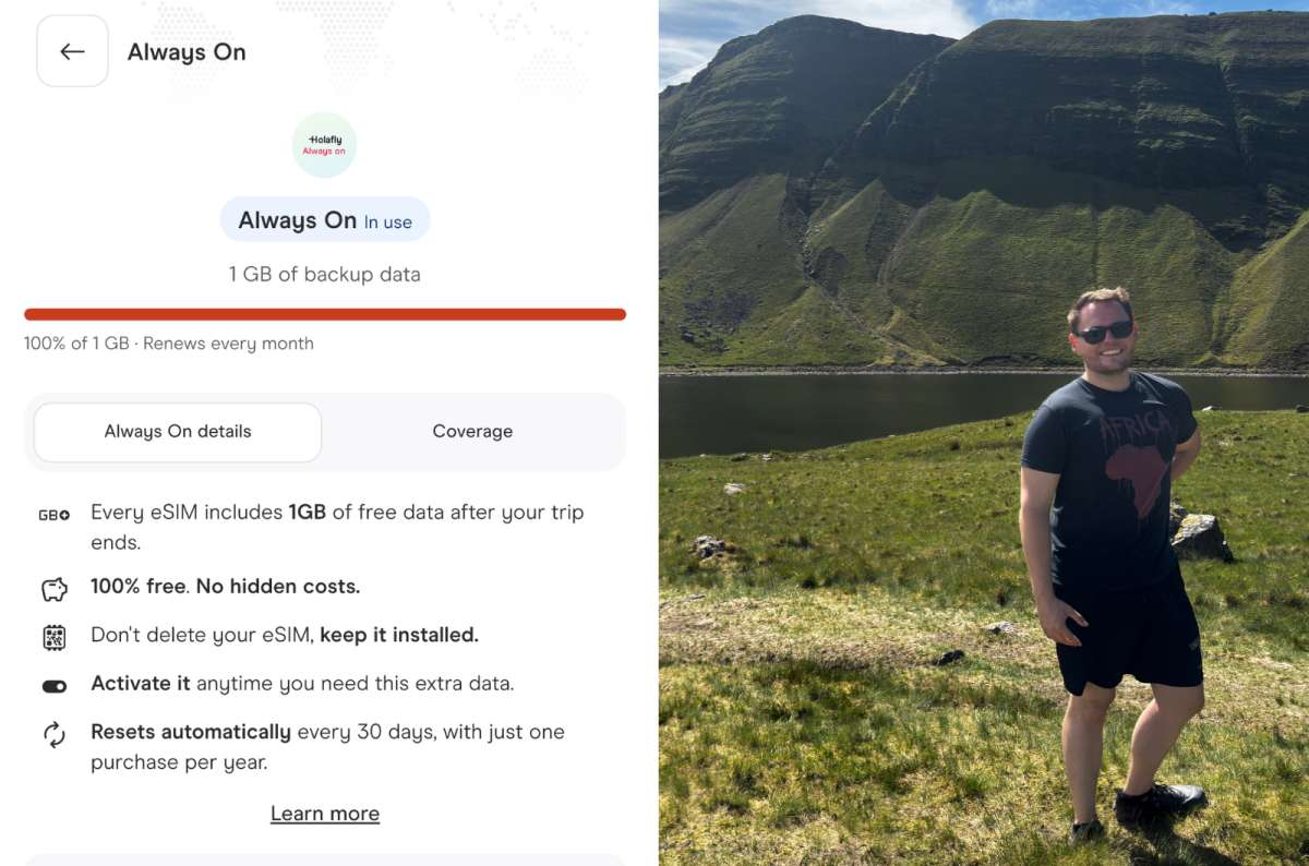 collage of the Holafly Always On screen on the left and a tourist by a lake in the Brecon Beacons, Wales on the right, photo by Next Level of Travel