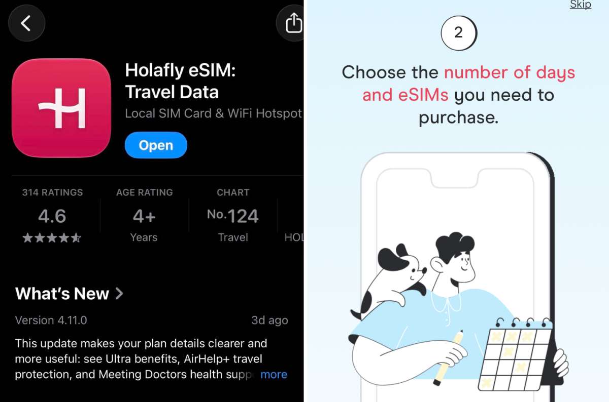 collage of the Holafly app store listing on the left and the Holafly step for choosing travel days on the right