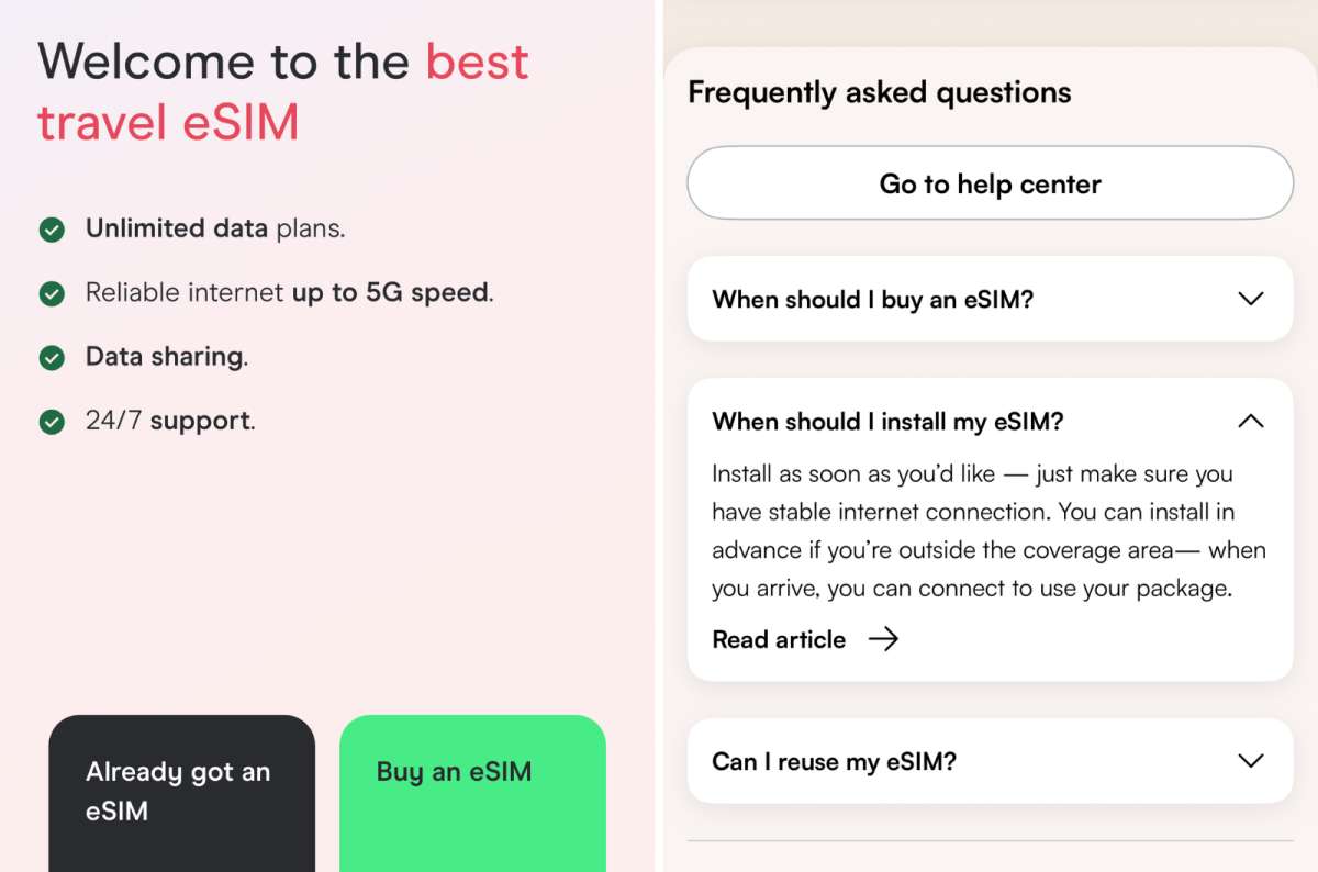 collage of the Holafly welcome screen on the left and the Airalo FAQ on the right