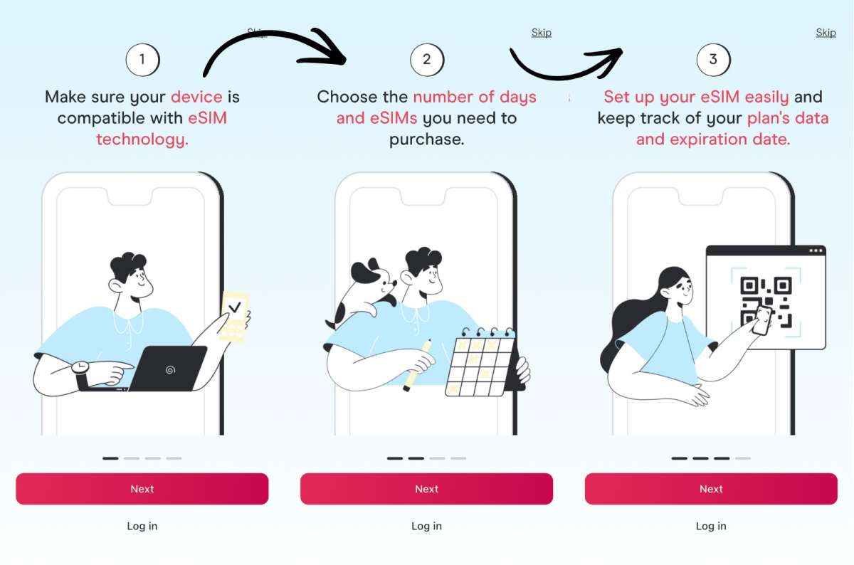 collage of the three Holafly onboarding steps in the app