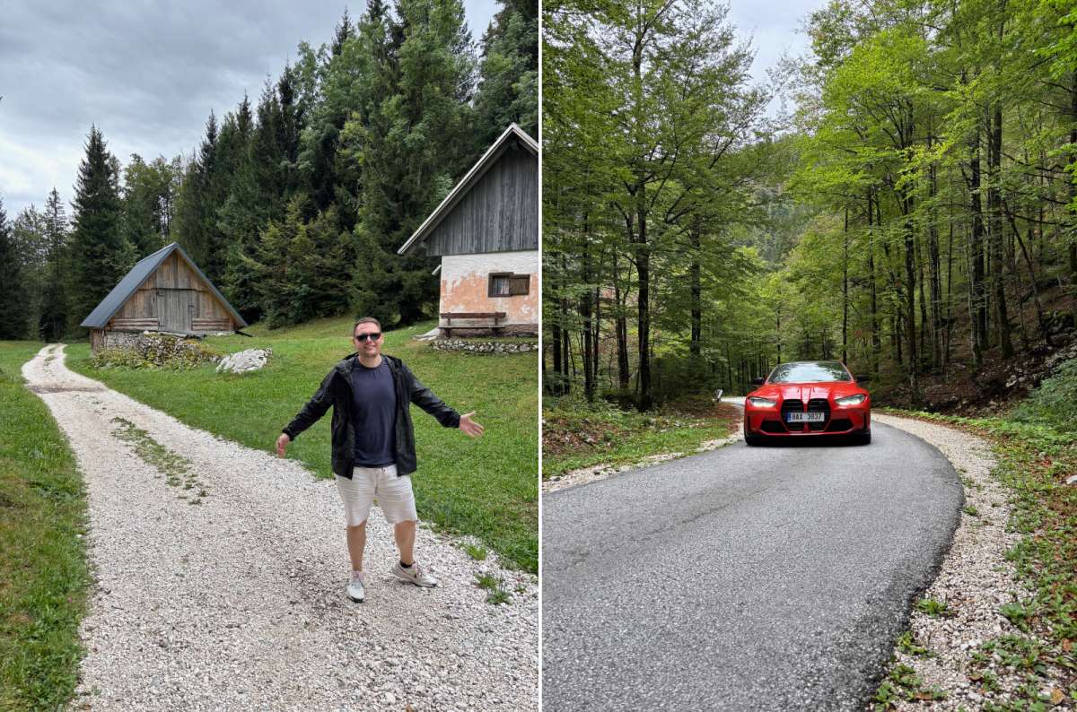 a collage photo of a tourist on a gravel road by wooden huts on Planina Vogar on the left and a red BMW on the forest toll road on the right, Slovenia, photo by Next Level of Travel