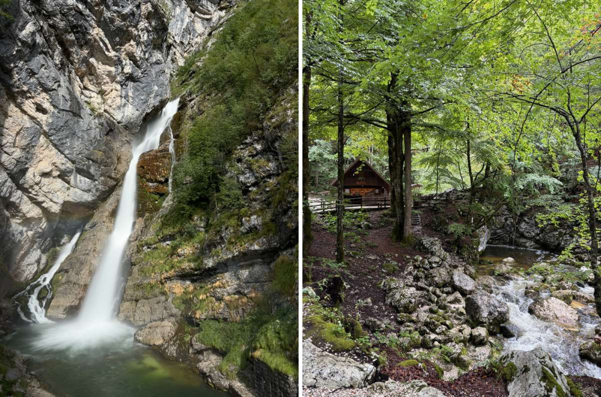 a collage photo of the Savica Waterfall pouring down a limestone cliff on the left and a wooden hut by a rocky stream in the forest on the right, Slovenia, photo by Next Level of Travel