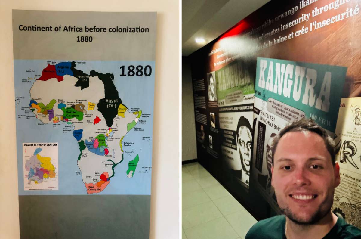 a collage of a historical map of Africa before colonization and a tourist inside the Campaign Against Genocide Museum, Kigali, Rwanda, a photo by Next Level of Travel