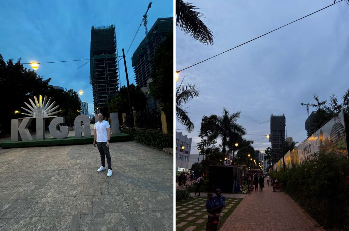 a collage of a tourist posing by the KIGALI sign and a pedestrian area with modern buildings in central Kigali, Rwanda, a photo by Next Level of Travel