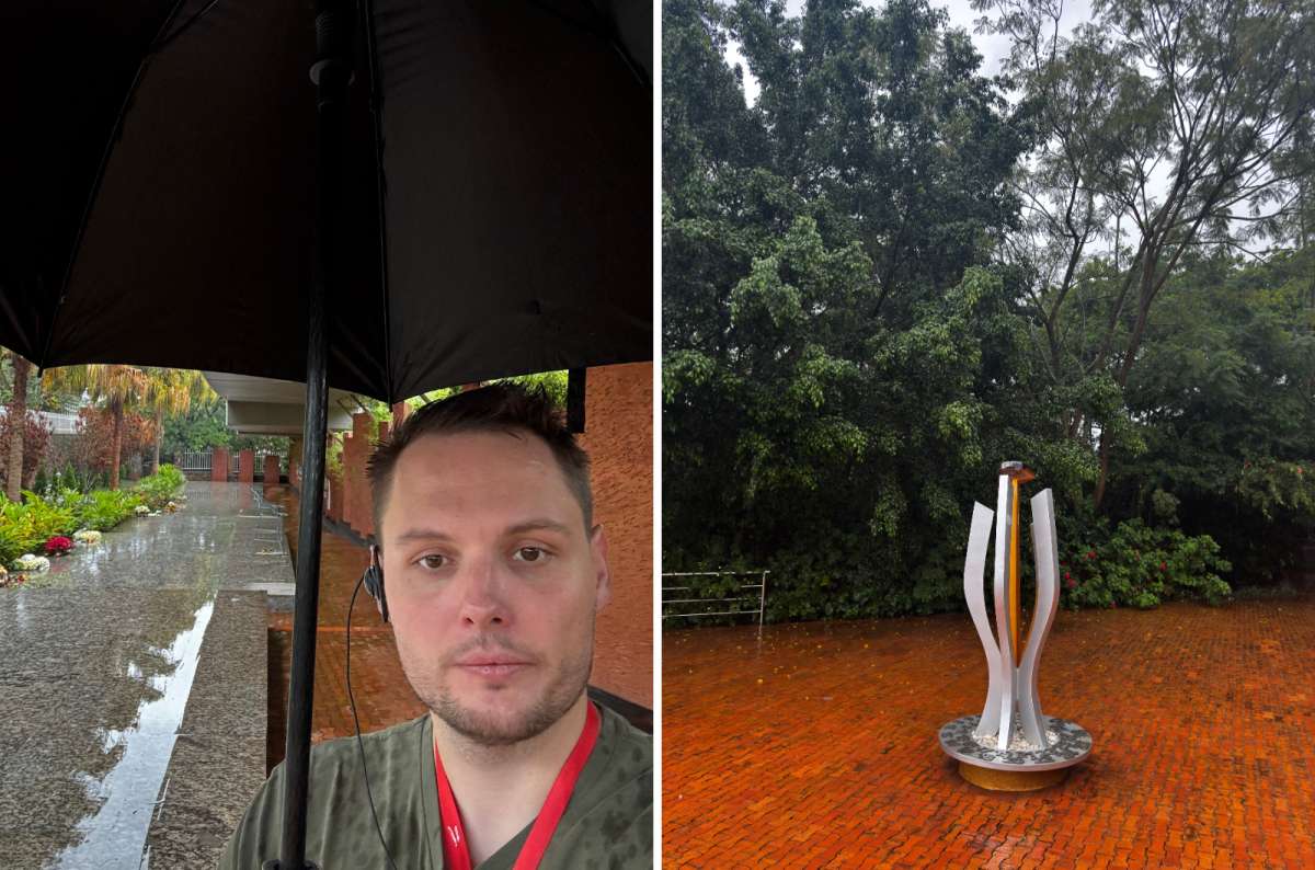 a collage of a tourist standing under an umbrella in the rain and the flame of remembrance at Kigali Genocide Memorial, Kigali, Rwanda, a photo by Next Level of Travel