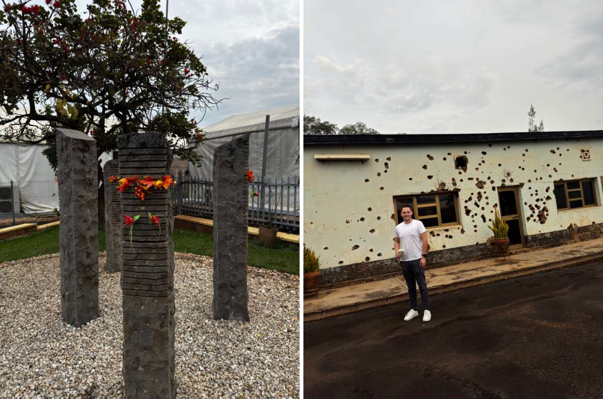 a collage of memorial pillars and a bullet-damaged building at the Belgian Peacekeepers Memorial, Camp Kigali, Rwanda, a photo by Next Level of Travel