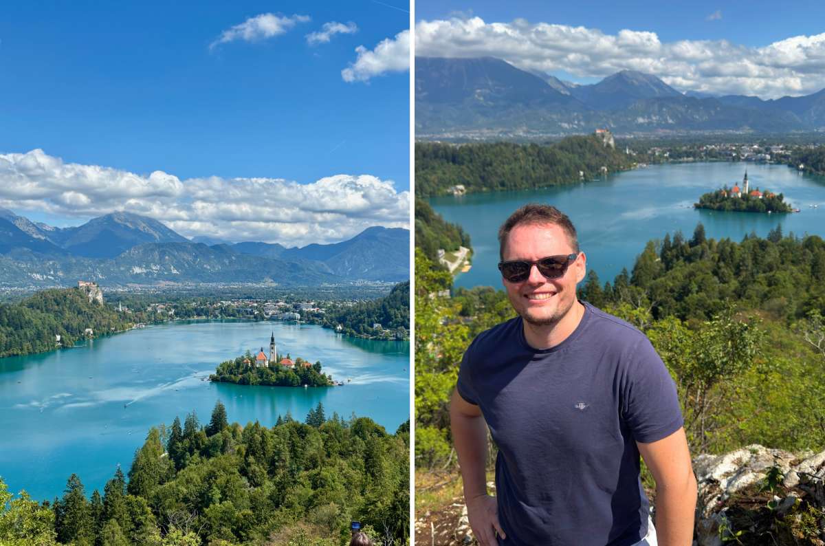 collage of Lake Bled with Bled Island and Bled Castle on the left and a tourist at the viewpoint above it on the right, Slovenia, photo by Next Level of Travel