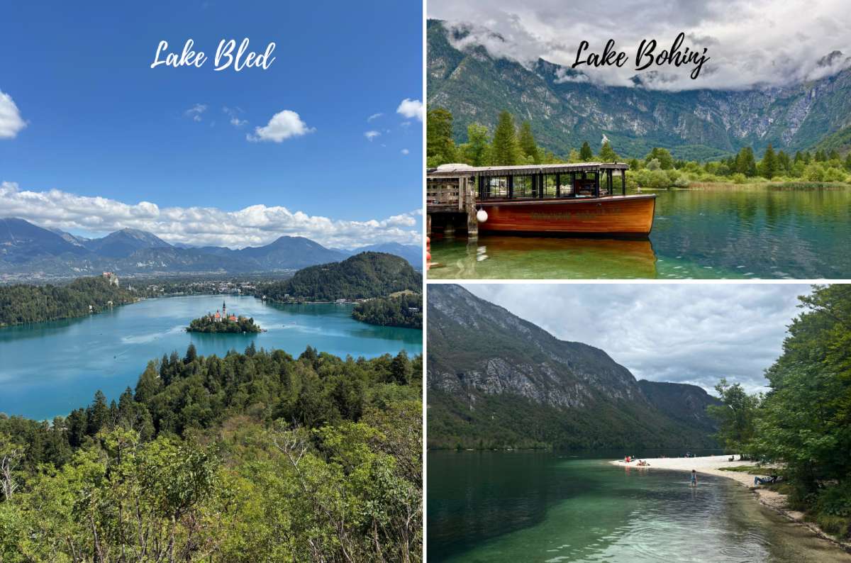 collage photo of Lake Bled on the left and Lake Bohinj with a tourist boat and a beach on the right, Slovenia, photo by Next Level of Travel