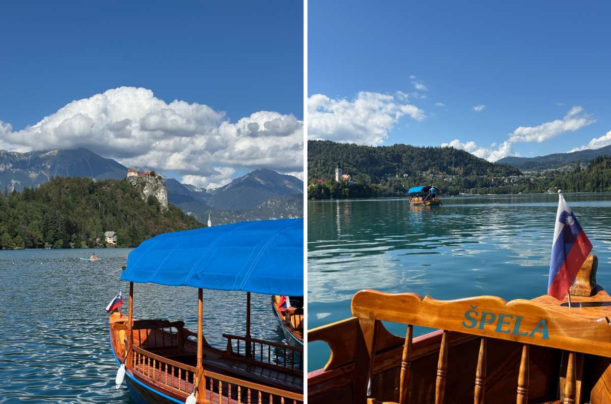 photo of a pletna boat below Bled Castle on the left and a pletna heading to Bled Island on the right, Lake Bled, Slovenia, photo by Next evel of Travel