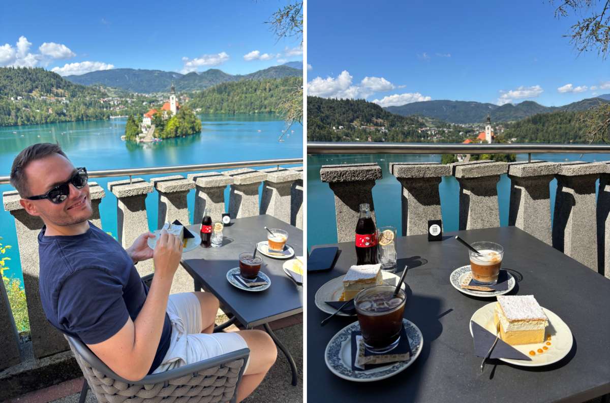 photo of a tourist eating cream cake on the Café Belvedere terrace on the left and two slices of Bled cream cake with coffee on the right, Lake Bled, Slovenia, photo by Next Level of Travel