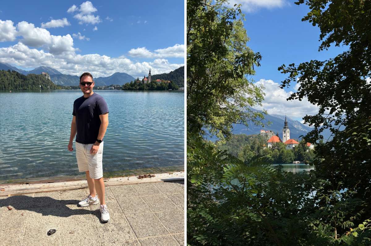 photo of a tourist on the lakeshore path on the left and Bled Island framed by trees on the right, Lake Bled, Slovenia, photo by Next Level of Travel