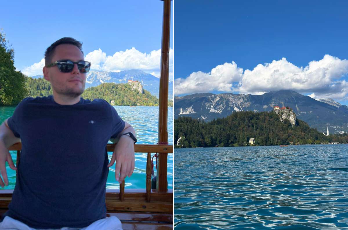 photo of a tourist relaxing on a pletna boat on the left and Bled Castle above Lake Bled on the right, Slovenia, photo by Next Level of Travel