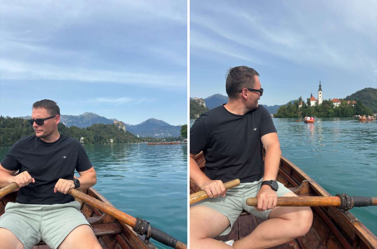photo of a tourist rowing a boat on Lake Bled with Bled Castle on the left and Bled Island on the right, Slovenia, photo by Next Level of Travel