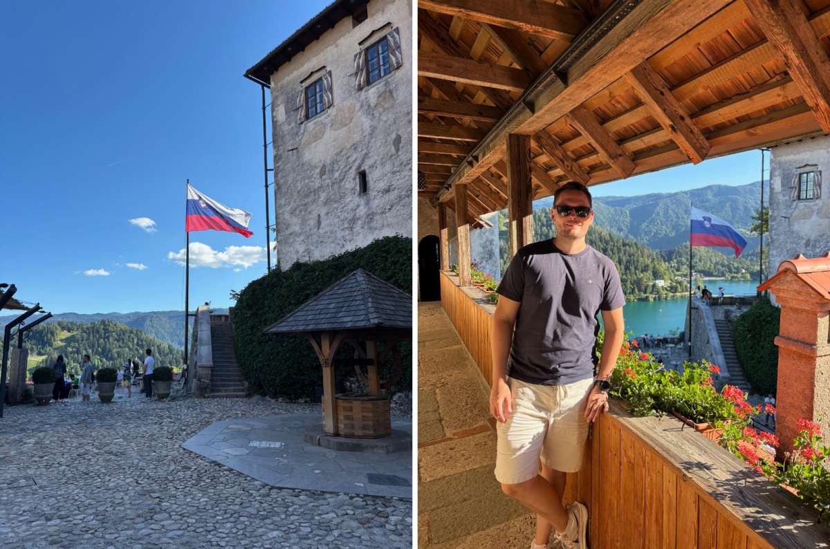 photo of the Bled Castle courtyard on the left and a tourist on the castle gallery above Lake Bled on the right, Slovenia, photo by Next Level of Travel