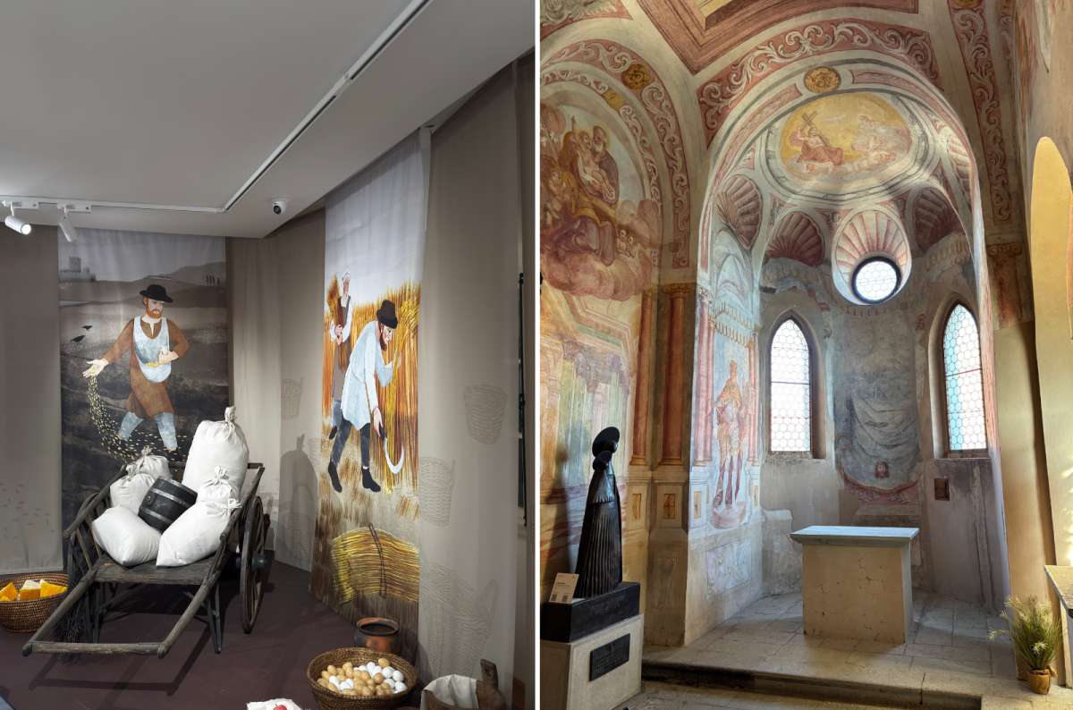 photo of the ethnography exhibition on the left and the frescoed castle chapel on the right, Bled Castle, Slovenia, photo by Next Level of Travel