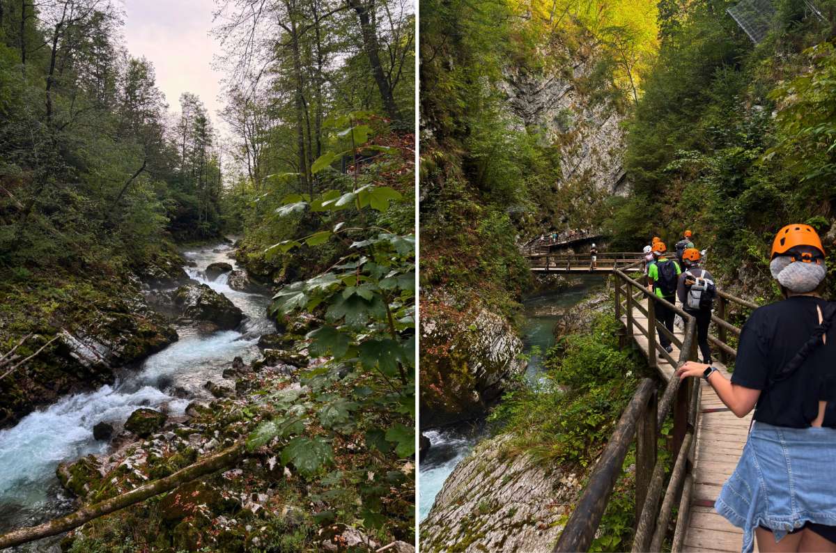 photo of the Radovna River rapids on the left and tourists in helmets on the boardwalk on the right, Vintgar Gorge, Slovenia, photo by Next Level of Travel