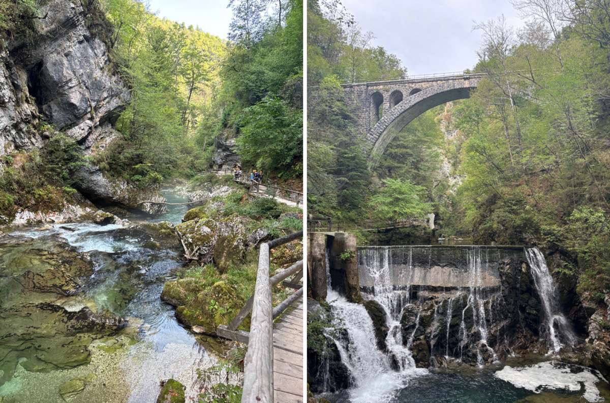 photo of the wooden boardwalk along the Radovna River on the left and the stone railway bridge above a weir on the right, Vintgar Gorge, Slovenia, photo by Next Level of Travel