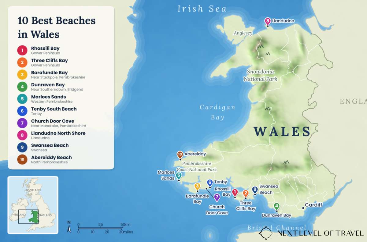 a map of the 10 best beaches in Wales marked from Llandudno in the north to the Pembrokeshire and Gower coasts in the south, photo by Next Level of Travel