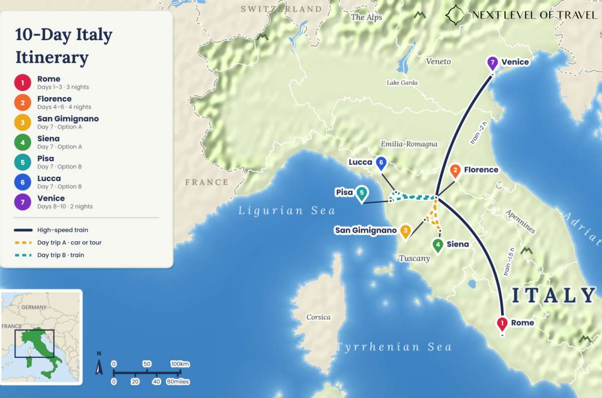a map of the 10-day Italy itinerary from Rome to Florence, the two Tuscany day trip options and Venice, map by Next Level of Travel
