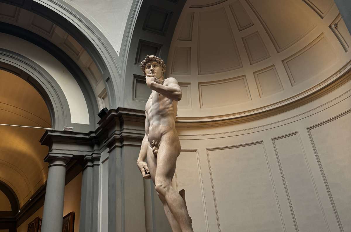 a photo of Michelangelo's David seen from the side under the glass skylight of the Accademia tribune, Florence, Italy, photo by Next Level of Travel