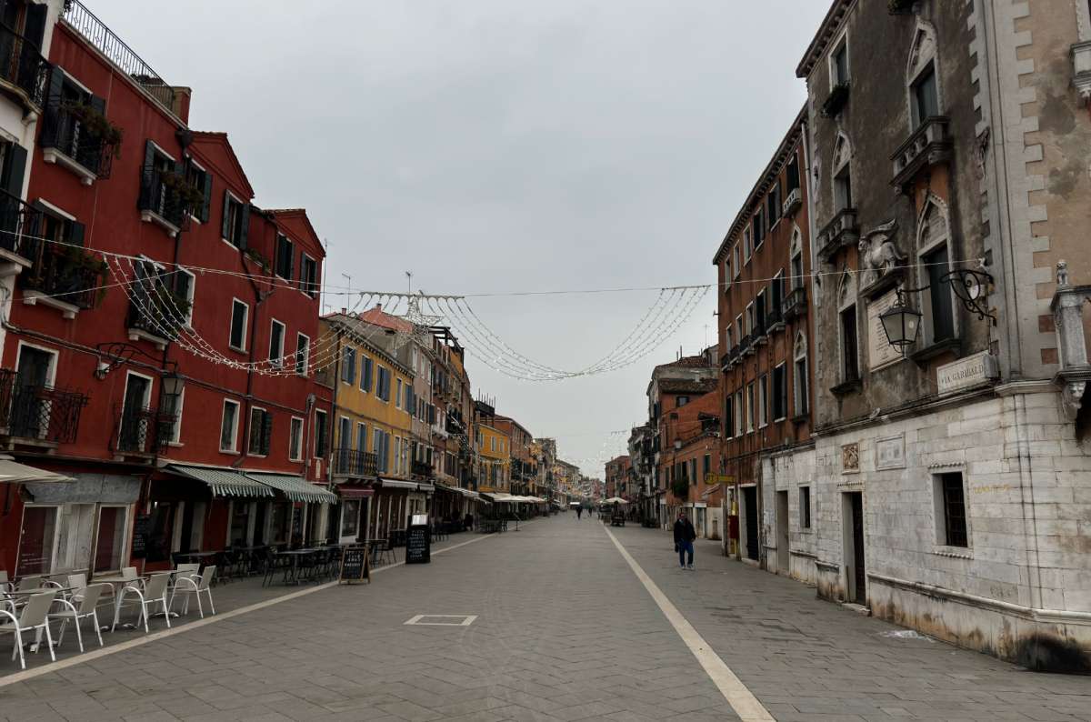 photo of the wide Via Giuseppe Garibaldi street lined with colorful houses and few people, Castello, Venice, Italy, photo by Next Level of Travel