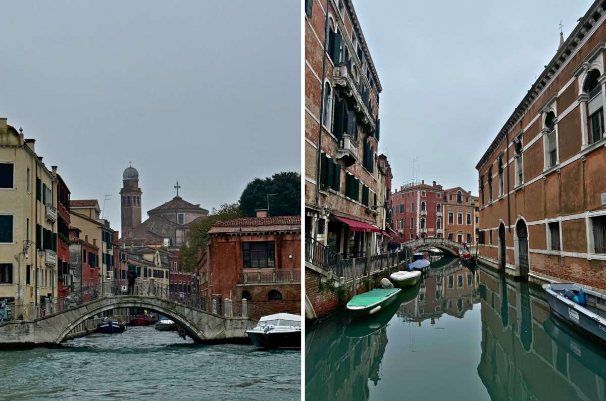 photo of a stone bridge over a canal seen from the water on the left and a quiet side canal with moored boats and a bridge on the right, Venice, Italy, photo by Next Level of Travel