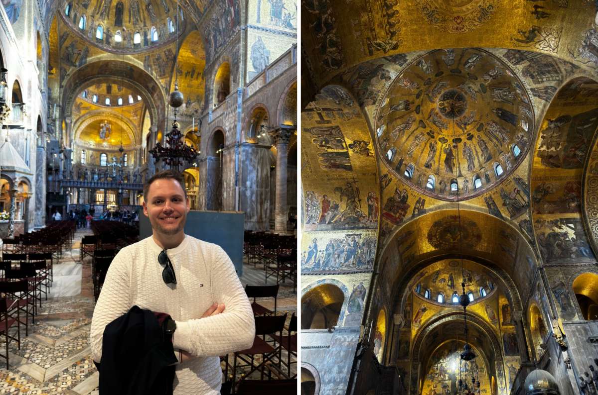 photo of a tourist in the nave of St. Mark’s Basilica on the left and the gold mosaic domes on the right, Venice, Italy, photo by Next Level of Travel
