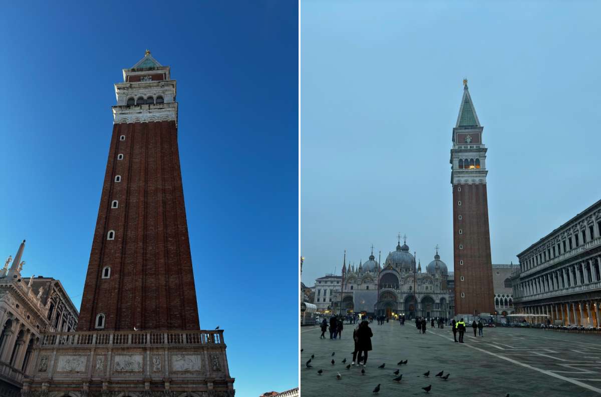 photo of St. Mark’s Campanile from below on the left and the Campanile with St. Mark’s Basilica on Piazza San Marco at dusk on the right, Venice, Italy, photo by Next Level of Travel