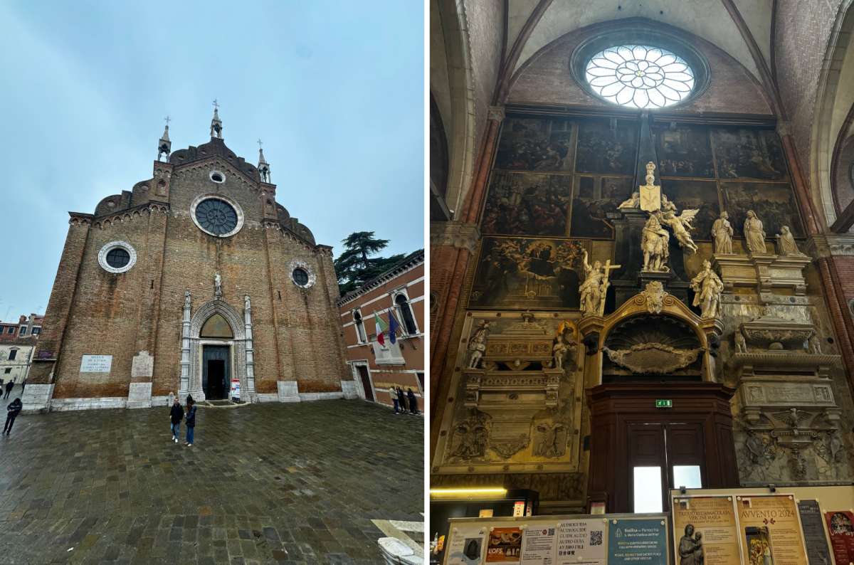 photo of the brick facade of the Frari Church on the left and the monuments and paintings on its inner entrance wall on the right, Venice, Italy, photo by Next Level of Travel