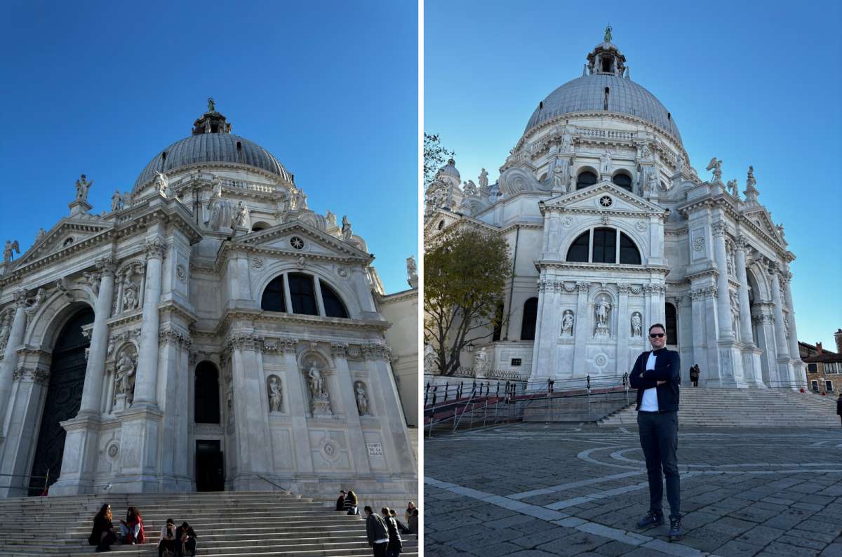 photo of the facade and dome of Santa Maria della Salute on the left and a tourist in front of the church on the right, Venice, Italy, photo by Next Level of Travel