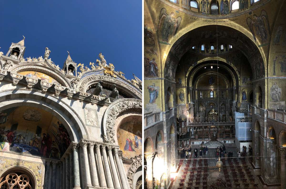 photo of the facade of St. Mark’s Basilica with the bronze horses on the left and the gold mosaic interior seen from the upstairs gallery on the right, Venice, Italy, photo by Next Level of Travel