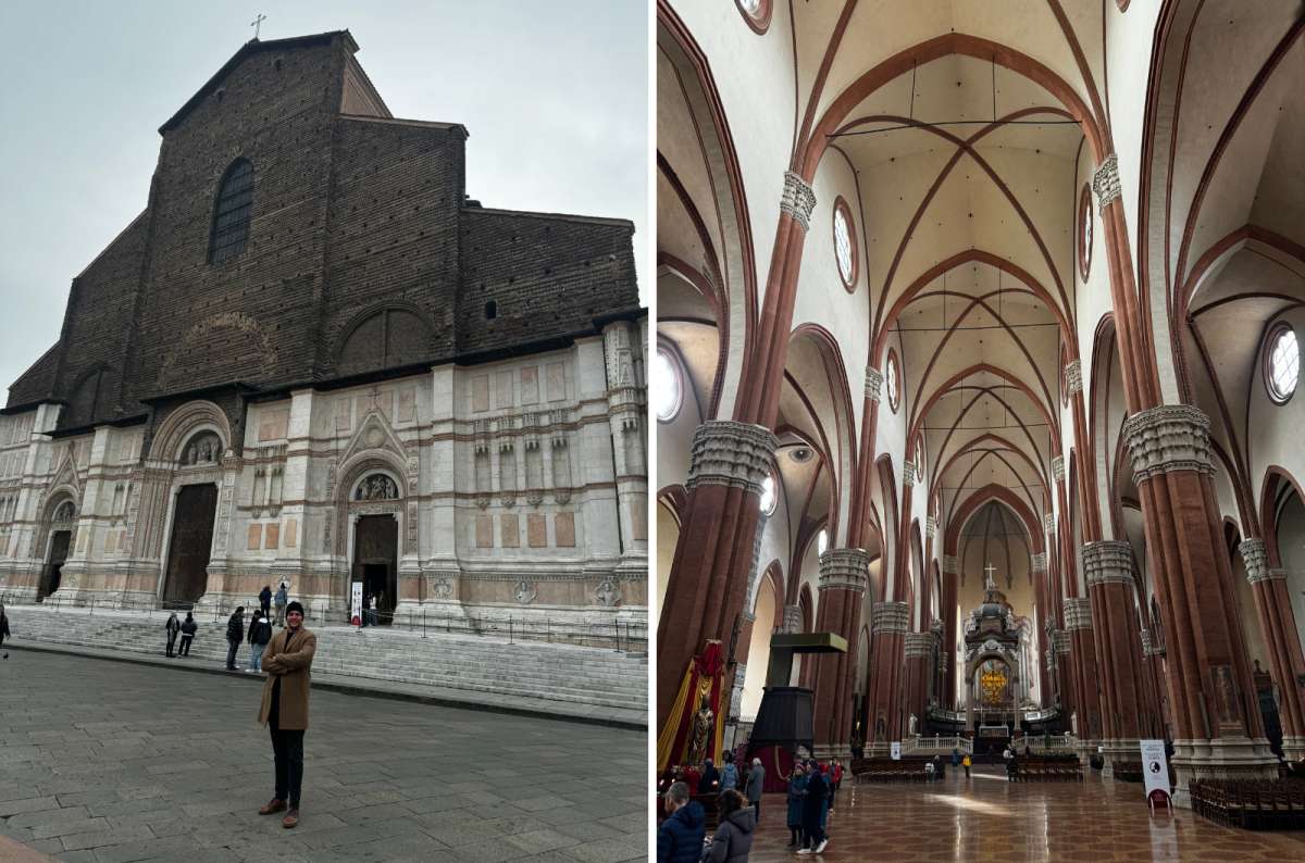 a collage of a tourist on Piazza Maggiore in front of the Basilica of San Petronio and the Gothic nave with red and white columns inside the basilica, Bologna, Italy, photo by Next Level of Travel