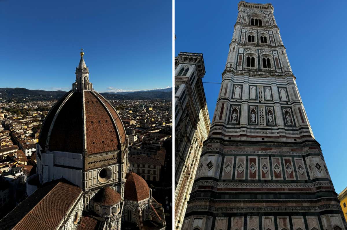 a collage of Brunelleschi's dome from the top of Giotto's Bell Tower and the Bell Tower  from below, Florence, Italy, photo by Next Level of Travel