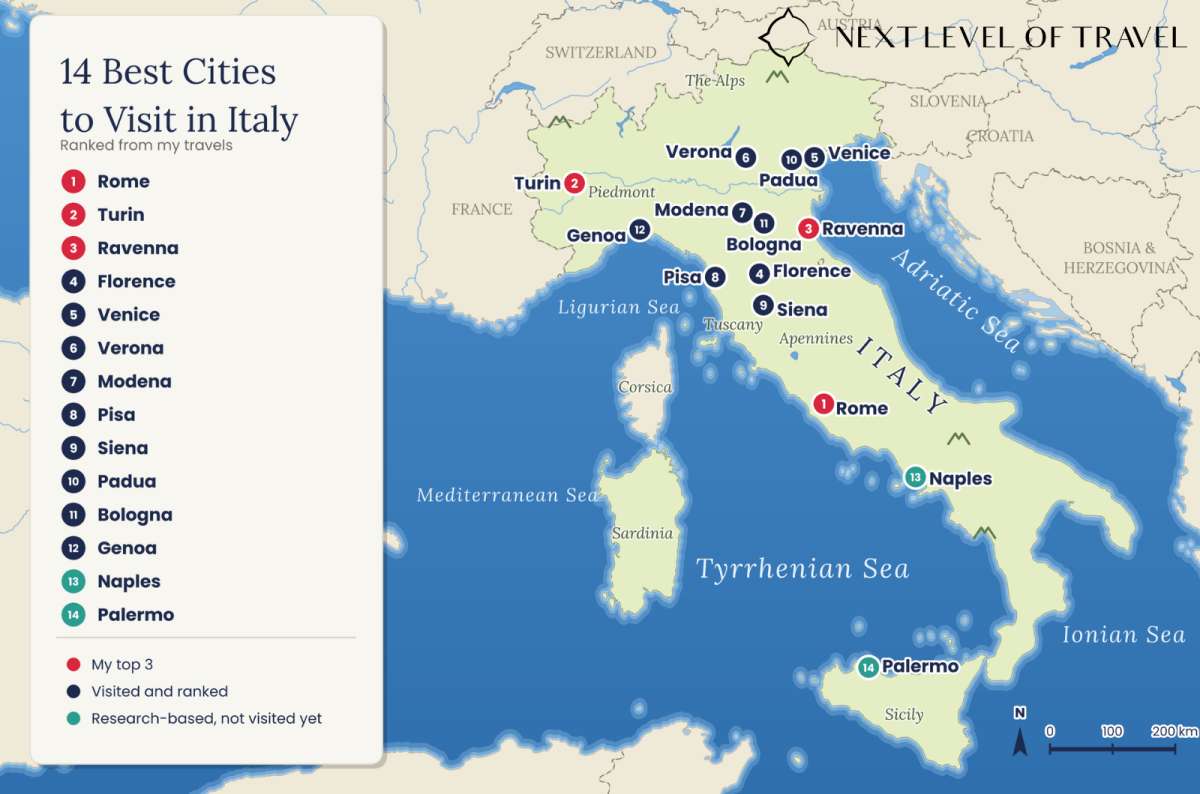 a map of the 14 best cities to visit in Italy from Turin and Venice in the north to Naples and Palermo in the south, graphic by Next Level of Travel